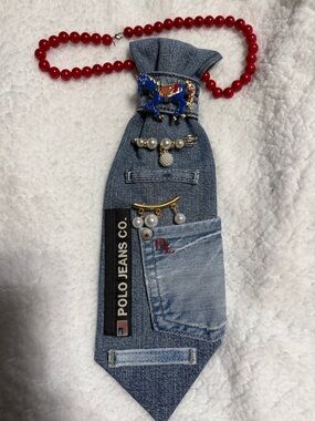 Denim Necklace Tie with Blue Horse Pin and Red Bead Necklace